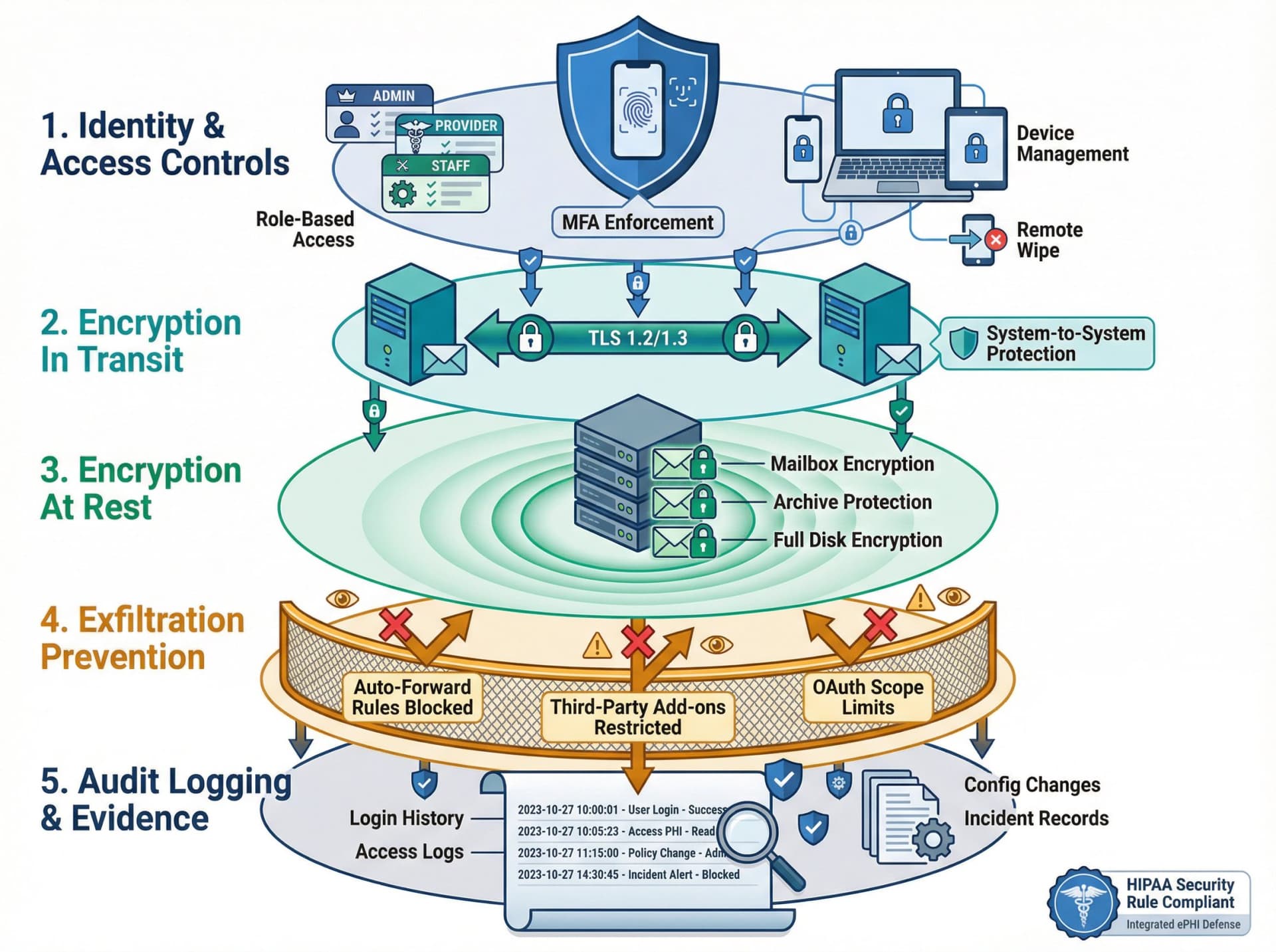 Five-layer HIPAA technical safeguards architecture diagram showing MFA, encryption in transit and at rest, exfiltration prevention, and audit logging