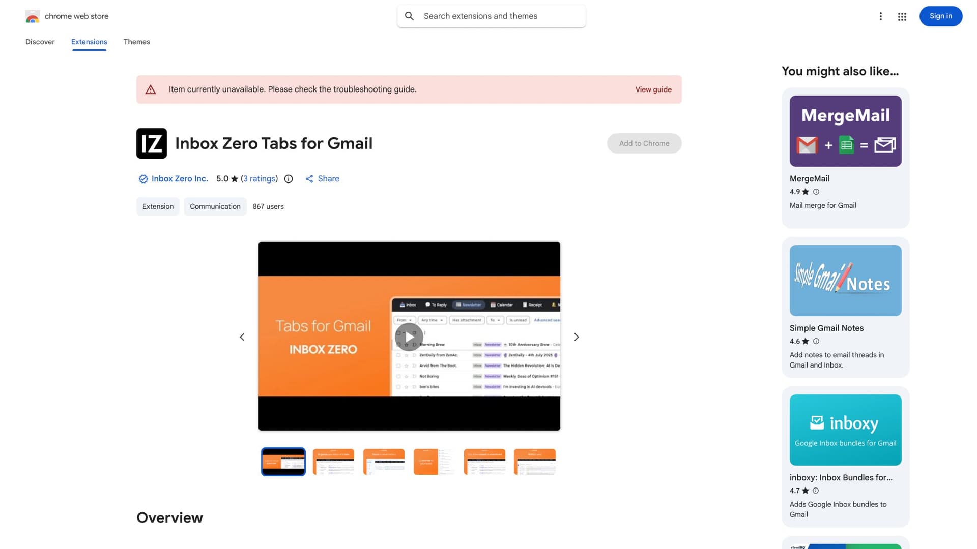 Inbox Zero Tabs for Gmail extension on Chrome Web Store showing features and user interface